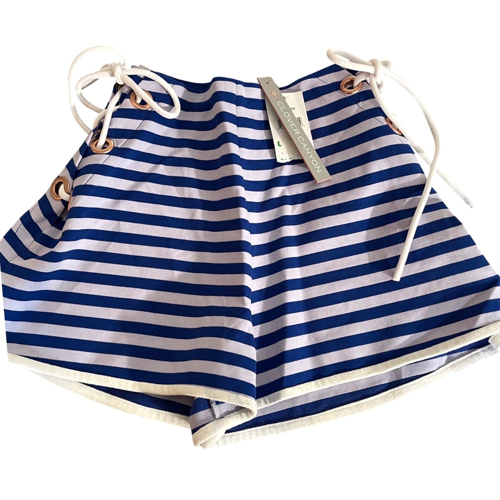 Clover Canyon Shorts Womens Small Blue Nautical Stripe Lace Up Side High Rise
